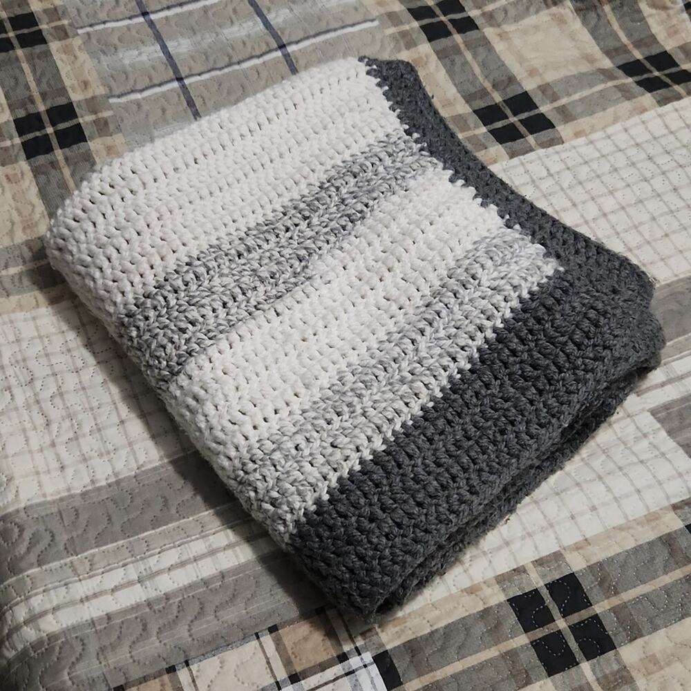 Beautiful handmade crochet blanket throw stripes greys and white rug